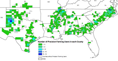 2013 Southern Cotton Farm Survey study region and precision farming users by county. Precision farming users were defined if they responded to the survey and indicated using one or more of the following: precision farming in general, information gathering (IG), global positioning system-guidance (GPSG), variable rate application (VRA), or automatic section control technologies (ASC).