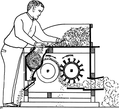 Hodgen Holmes’ Cotton Gin – With improvements over Eli Whitney’s cotton gin (patented in 1794), Holmes’ gin allowed for continuous operation, used saws versus wooden spikes that increased durability, and used a slotted bar instead of flat-iron ribs. Patented in 1796, Holmes’ gin may actually predate Whitney’s with a caveat of invention dated 1789 (Figure taken from Saw and Toothed Cotton Ginning Developments by Charles A. Bennett).