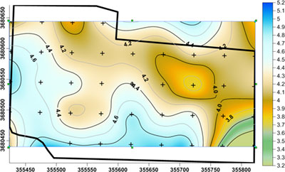 Map of the variability in micronaire across an eastern Mississippi cotton field during one harvest season. Field patterns showed some consistency across two years, and micronaire had significant correlations to multiple soil variables. However, accurate prediction of micronaire based solely on soil properties does not appear to be possible.