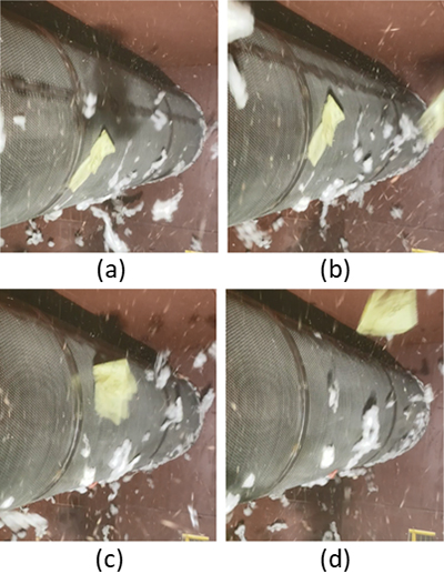 Video images of plastic pieces attached to, and then stripped from, the Goldenlion Contamination Cleaner screen drum by air currents.