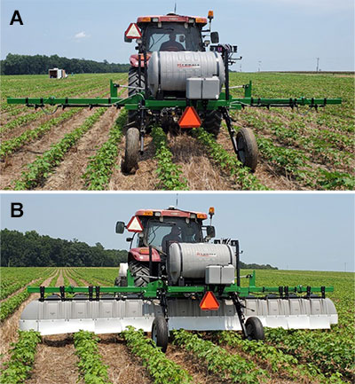 Experiments were conducted to evaluate the viability of using hooded boom sprayers (b) as a tactic for reducing spray particle drift in comparison to more traditional open boom sprayers (a).