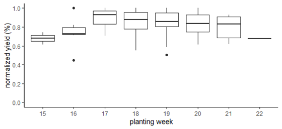 Normalized yield response by cotton planting week (1990 to 2023) in Arkansas production systems.  In general, yield penalties are sensitive to both planting and harvest timing.