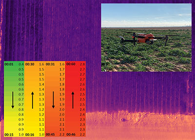 Composite orthomosaic images resulting from flights of unmanned aerial vehicles (UAVs) across an agricultural field assumes that the variable of interest does not change between the first image and the last image in the series. A modeling approach was used to investigate temporal thermal artifacts in cotton (<em>Gossypium hirsutum</em> L.) in order to analyze the average amount of thermal variation that can occur across a field, identify times of maximum variation, and examine the magnitude of these thermal artifacts across the temporal scale of a typical drone mission.